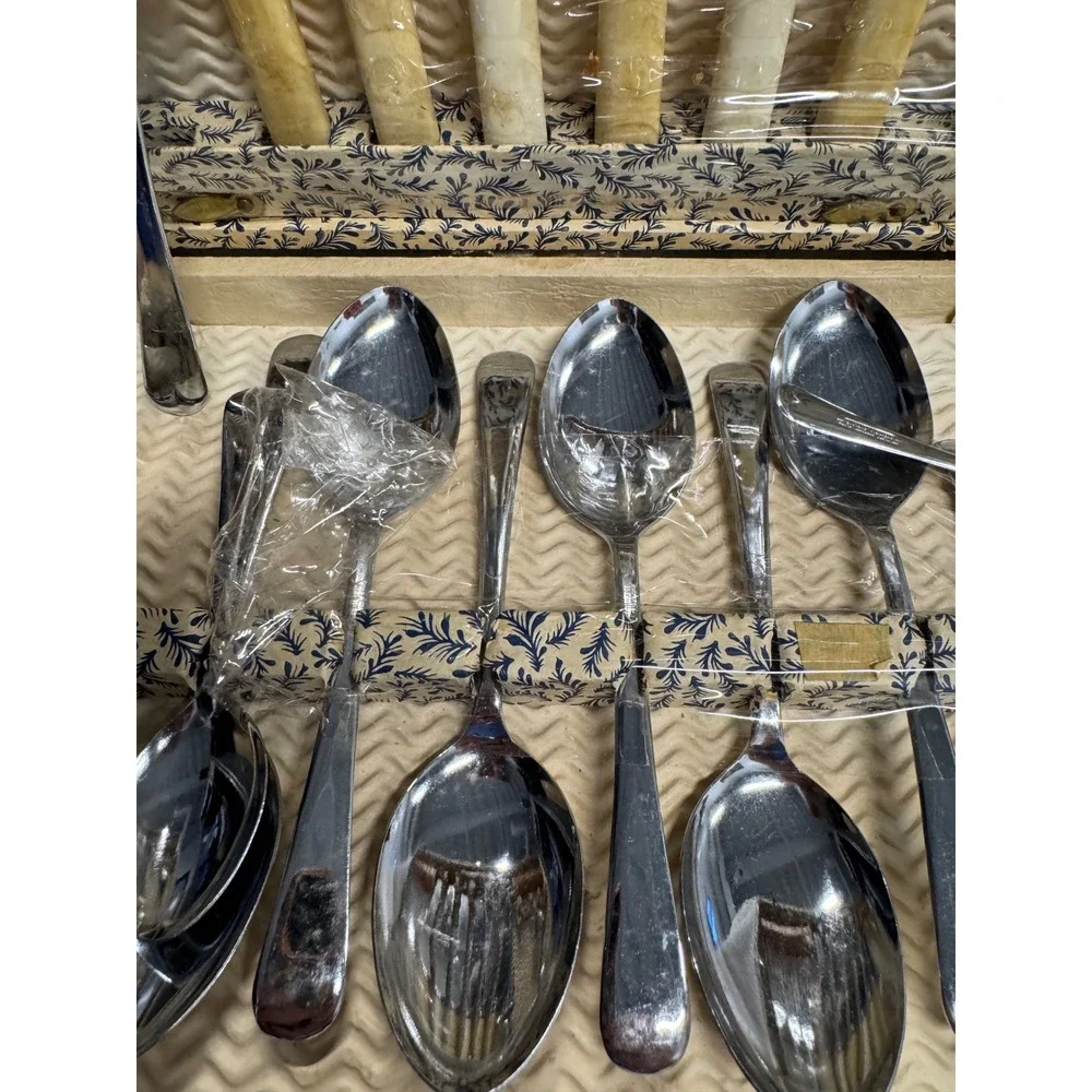 Vintage Mixed Flatware Set 22pc Stainless Steel England Knives Faux Bone Boxed